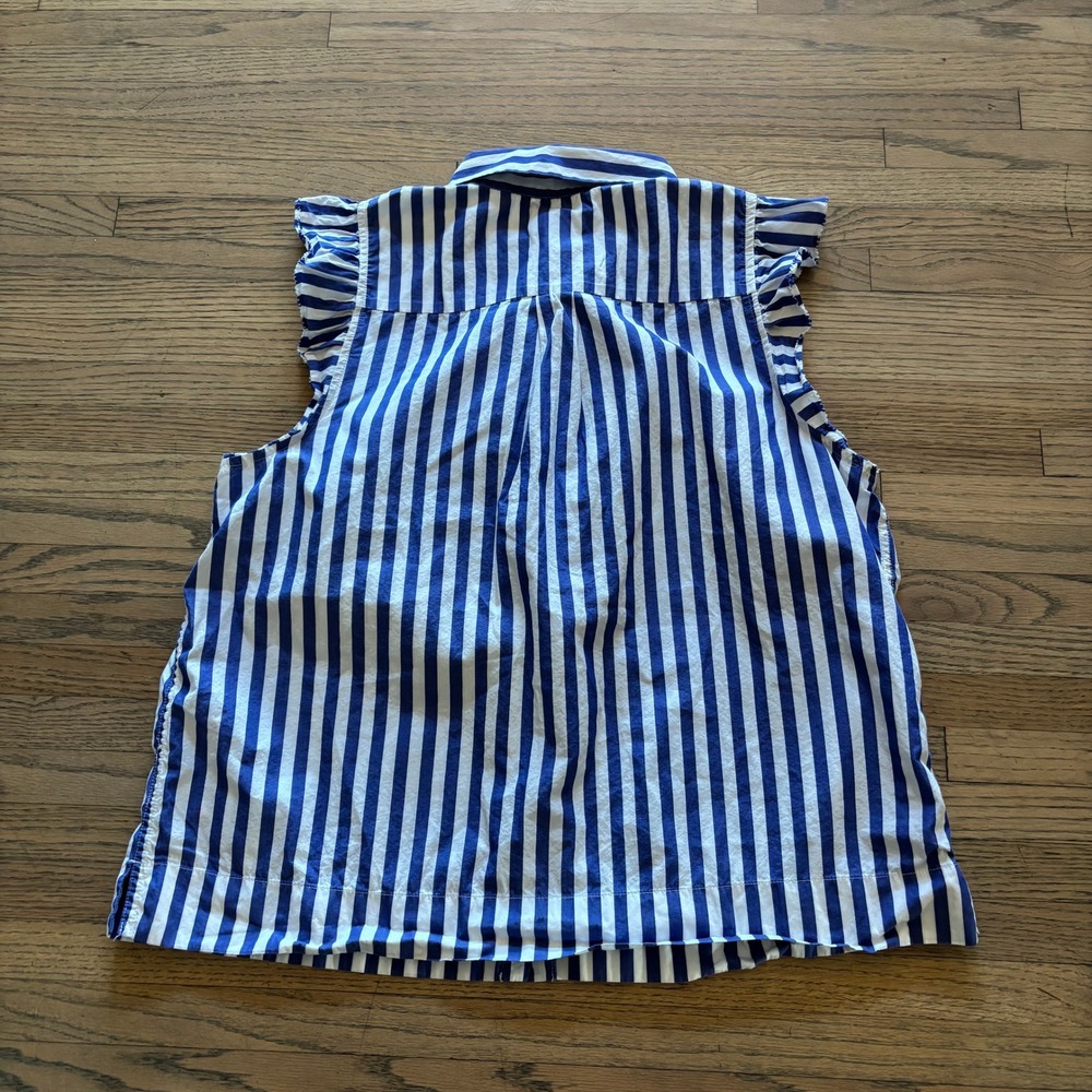 J.Crew Womens Large Blue White Striped Ruffle Front Sleeveless Cotton Top - Picture 7 of 7